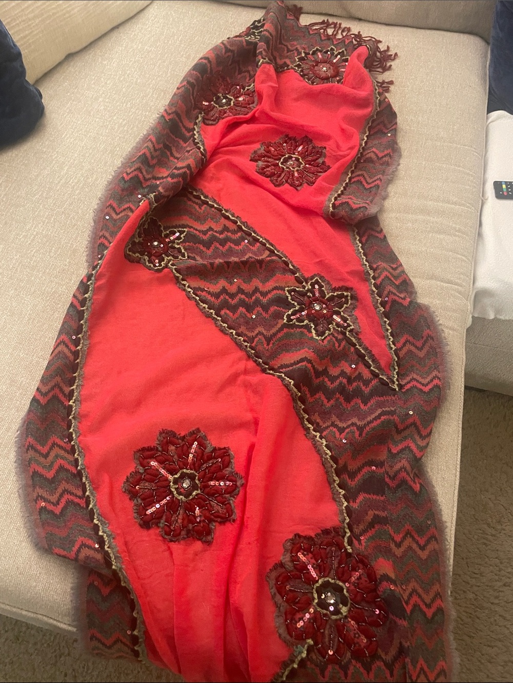 feathers Red Floral Beaded Wrap Scarf